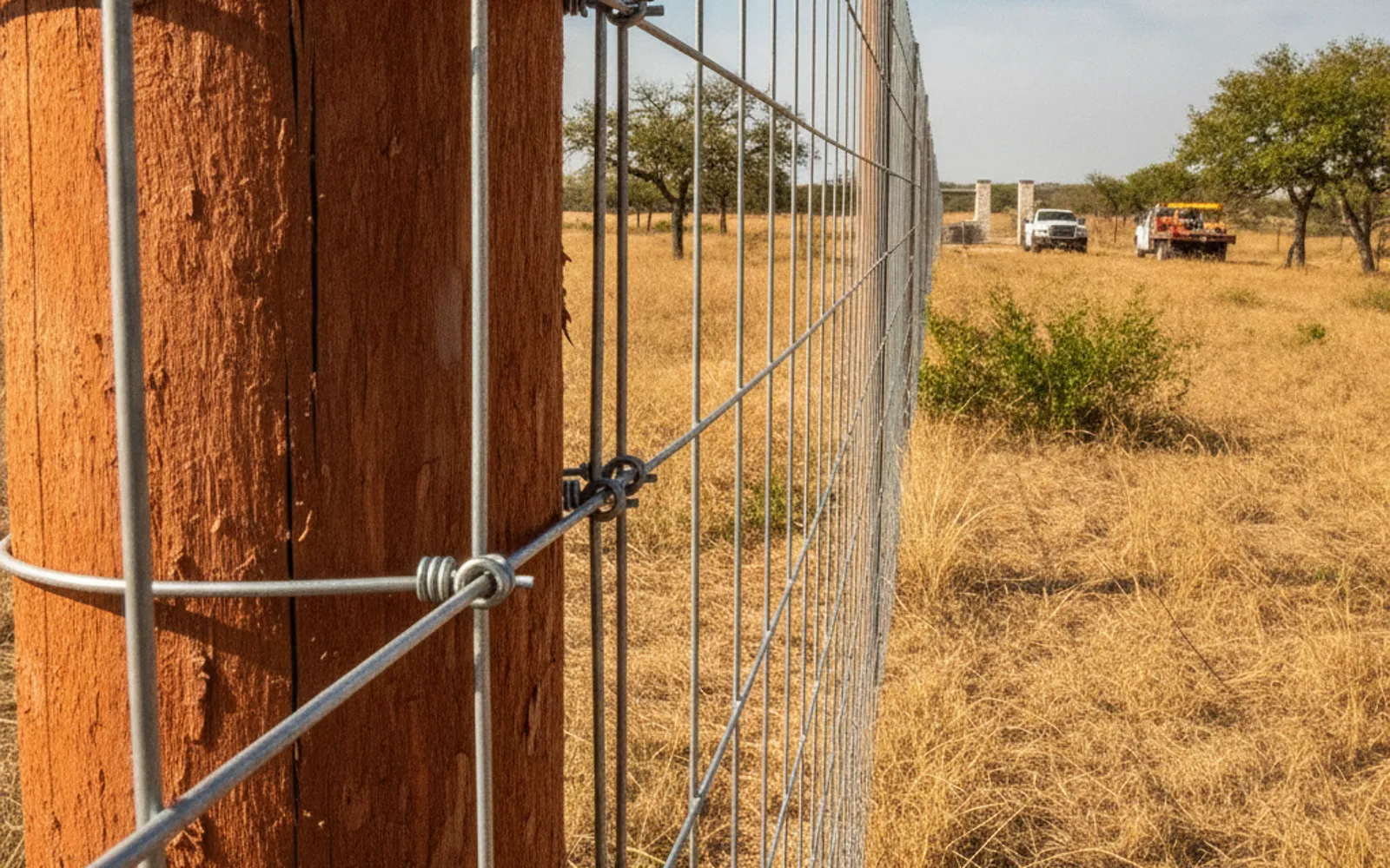 Eight foot tall game fence running along a cleared ranch fence line near Waco