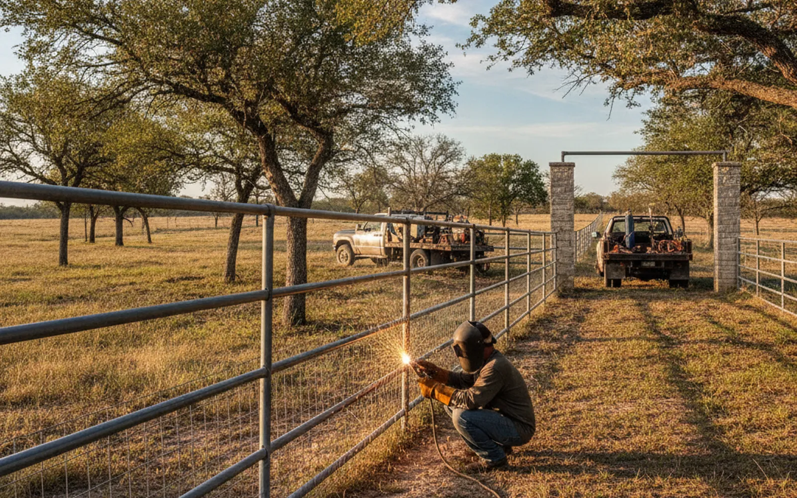 Welded steel pipe fence around a cattle pen on a ranch