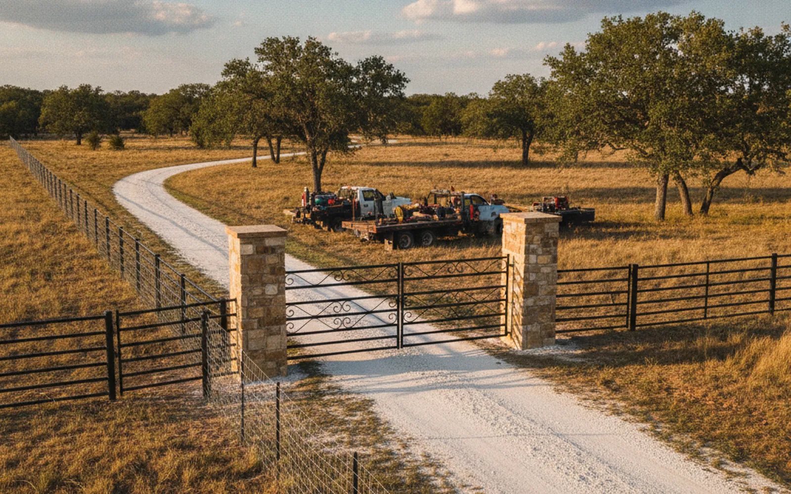 Five strand barbed wire fence stretched tight between wood posts in a pasture
