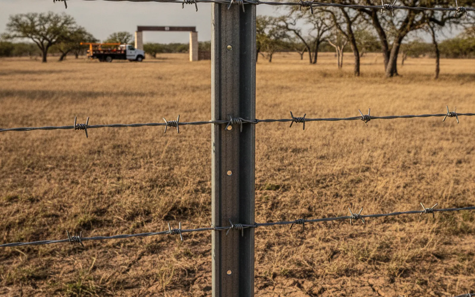 Steel ranch entrance gate with a pipe arch at the front of a Central Texas property