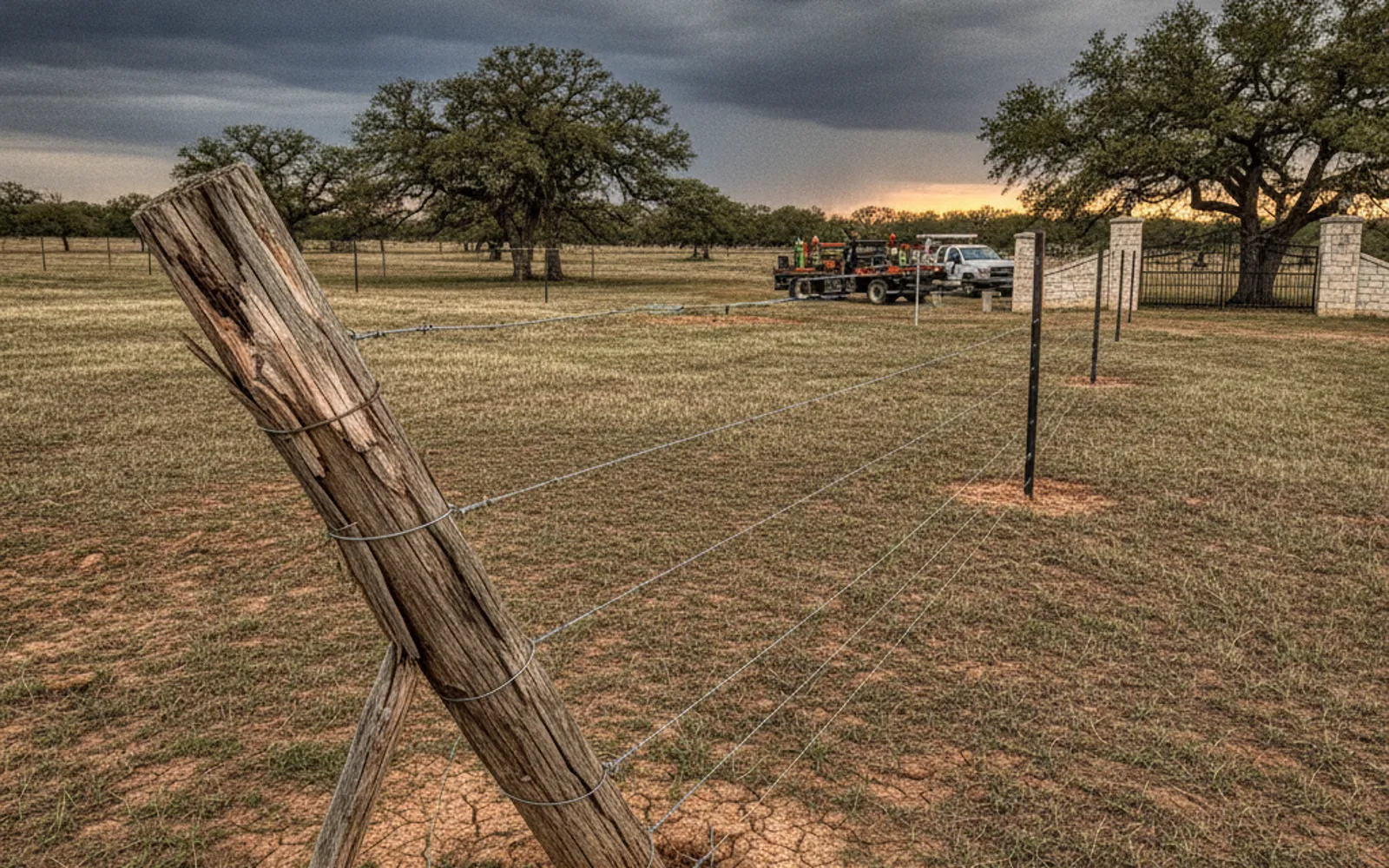 Cattle standing near a gap in a loose barbed wire fence on a Central Texas ranch