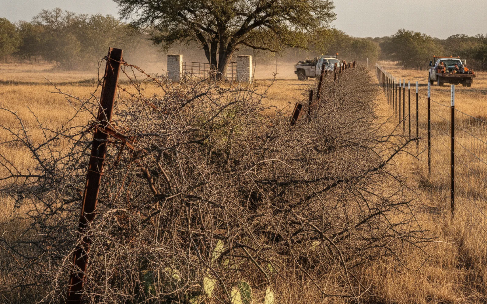 Bottom wires of a net wire fence pushed up and torn by feral hogs